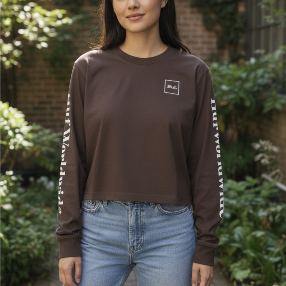 HUF Domestic Crop Tee Brown Long Sleeve 90s Streetwear Ribbed Collar XS NWT - Picture 7 of 10